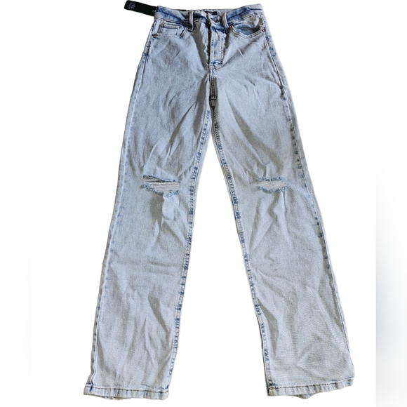 15.Women's Super-High Rise Distressed Straight Jeans - Wild Fable Light Wash - Picture 3 of 7